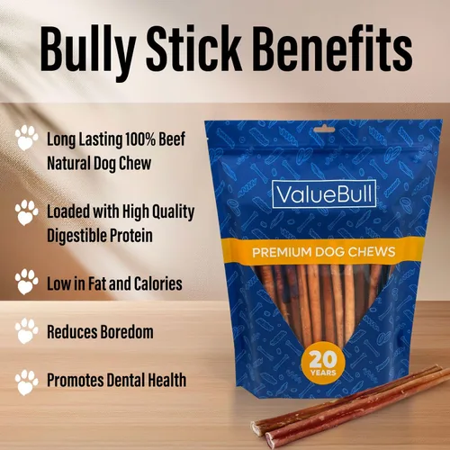 Vista 4 de ValueBull Bully Sticks para perros, medianos de 12 pulgadas, 100 unidades, totalmente naturales, alimentados con pasto, de un solo ingrediente
