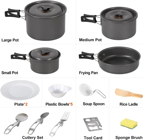 Vista 2 de REDCAMP 6/10/11/12/14/15/19 piezas Kit de utensilios de cocina para camping, equipo de camping, ollas, sartenes, soperas, cucharas apilables