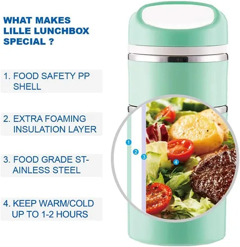 Vista 3 de Lille Home Caja de Almuerzo/Merienda Térmica de Compartimentos Apilable de Acero Inoxidable, Contenedor de Bento/Alimentos Aislado de 3 Niveles