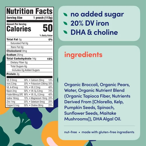 Vista 2 de Cerebelly Bolsa de comida para bebés: pera de brócoli, purés de frutas y verduras orgánicos, gran aperitivo para niños, 16 nutrientes que apoyan