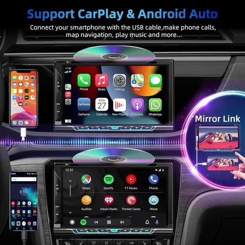 Vista 4 de Estéreo de coche de doble DIN con reproductor de CD/DVD, estéreo de coche con pantalla táctil de 7 pulgadas con soporte inalámbrico para CarPlay