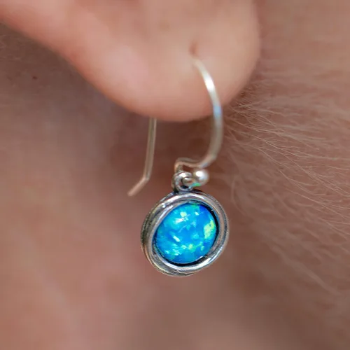 Vista 2 de Opal Earrings, Sterling Silver Dangle Earrings for women, Small round Blue Opal silver dangle earring, October Birthstone, Simple Opal earrings