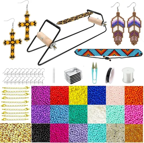 SHUANGART Kit de telar de cuentas para pulseras de cuentas, aretes, cinturones, incluye 17250 cuentas de semillas de 0.118 in, cordón elástico de