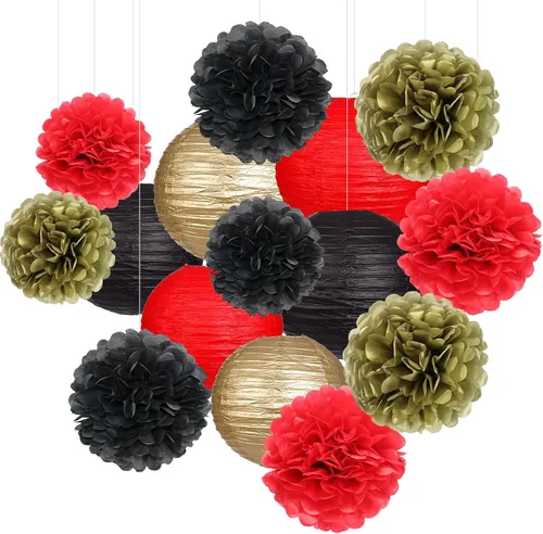 Vista 15 de Linternas de papel pompones de papel negro y dorado para decoración Negro/dorado