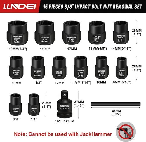 Vista 2 de LLNDEI Kit extractor de pernos, 15 piezas de extracción de tuercas peladas fáciles de sacar con accionamiento de 3/8 pulgadas, acero CR-MO