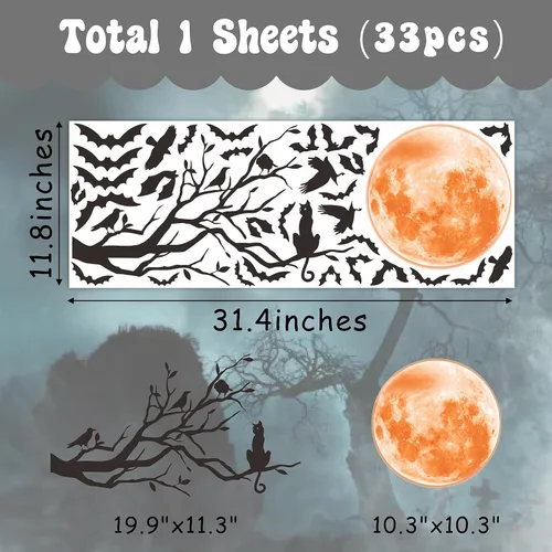 Vista 5 de Halloween Moon Wall Sticker Black Bat Wall Stickers Vinyl Crow Bird Tree Branch Wall Decals Removable Halloween Moon Bat Wall Decals Bats Window