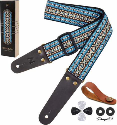 Vista 8 de Nefelibata Correa de guitarra, correas de guitarra de algodón bordadas con extremos de cuero de vaca para bajo, guitarras eléctricas y acústicas