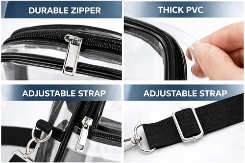 Vista 6 de Bolsa transparente aprobada para estadios – Bolso cruzado transparente para conciertos y eventos deportivos – Se adapta al teléfono, cartera
