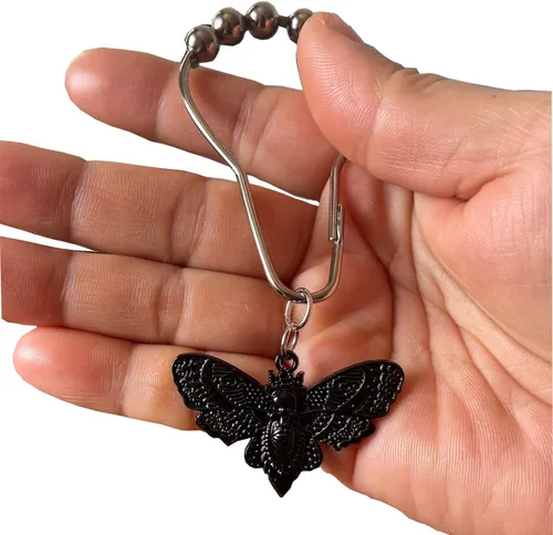 Vista 7 de Anillos de cortina de ducha con cabeza de muerte de calavera de Hawkmoth, 12 piezas de polilla muerta con cara de calavera para Halloween, anillos
