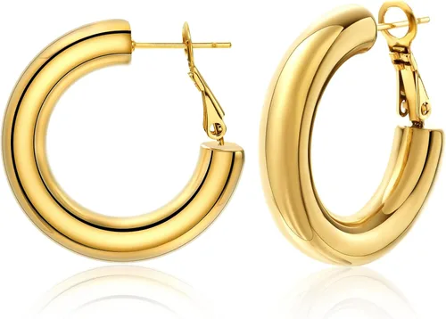 Chunky Gold Hoop Earrings for Women Lightweight Drop Hoops Hypoallergenic Gold Plated Earrings Fashion Jewelry for Women Girls (Gold)