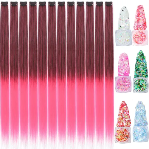Vista 17 de Extensiones de cabello de colores, extensión de cabello liso con clip de 22 pulgadas, extensiones de cabello con brillantina multicolor arcoíris