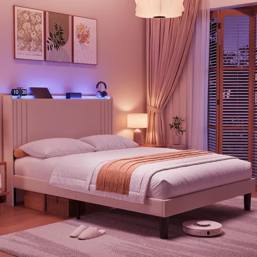 Vista 63 de Gizoon Base de cama matrimonial con cabecera de ala, plataforma tapizada con cabecera geométrica moderna, listones de madera, sin ruido, no necesita