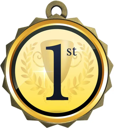 Vista 2 de 1 a 50 paquetes de premios de trofeo de medalla de oro grabados en el primer lugar con cinta para el cuello y placa grabada adjunta en la parte