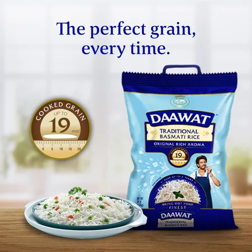 Vista 4 de Arroz blanco basmati tradicional Daawat - Arroz basmati auténtico de grano extra largo - Bolsa de 10 libras
