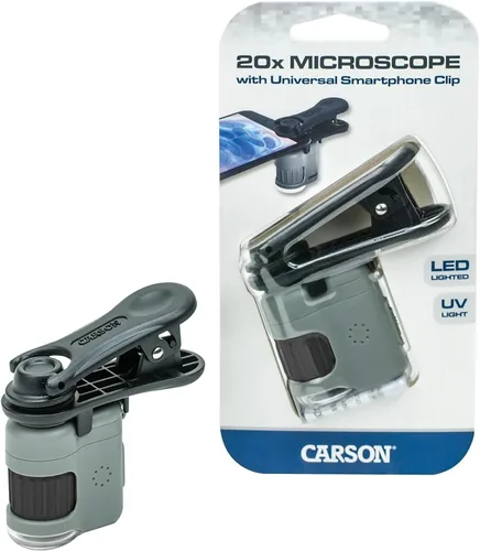 Vista 4 de Carson MicroMini 20x LED Lighted Pocket Microscope with Built-in LED and UV Flashlight and Universal Smartphone Digiscoping Adapter Clip (MM-380)