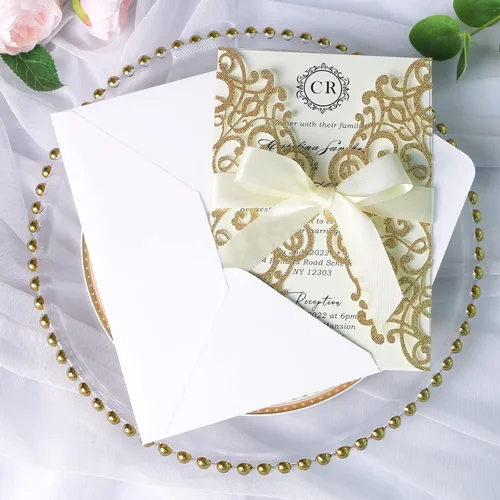 Vista 24 de ponatia 25 tarjetas de invitaciones de boda de 5.12 x 7.1 pulgadas con purpurina plateada cortadas con láser con sobres para tarjetas de invitación