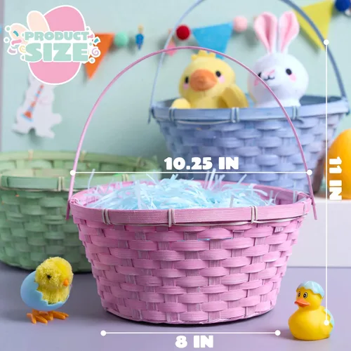 Vista 6 de JOYIN 3 cestas de bambú de Pascua, cesta redonda tejida con asa, cesta de regalo vacía para juguetes de dulces para caza de huevos de Pascua