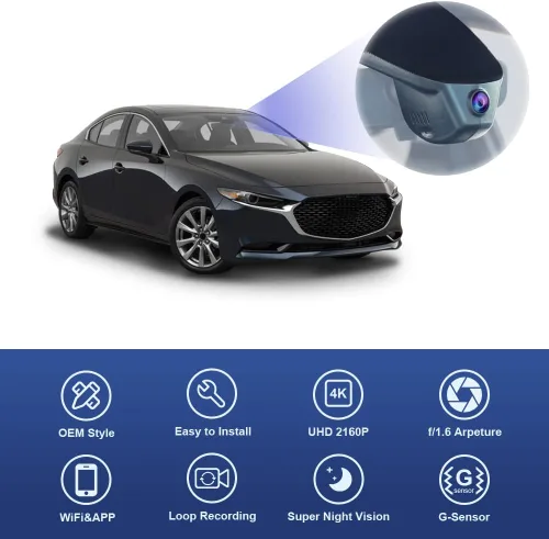 Vista 4 de Fitcamx Cámara de tablero 4K adecuada para Mazda 3 2019 2020 2021 2022 2023 Select Premium Turbo Carbon 2.0 2.5S (OBD), aspecto OEM, video UHD