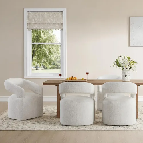 Vista 7 de Sillas de comedor tapizadas con ruedas, moderna silla lateral de barril con rodillos para comedor, dormitorio, sala de estar, sala de lectura