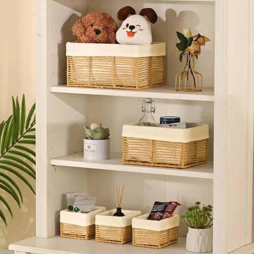 Vista 6 de Vagusicc Cesta de almacenamiento de mimbre, cesta de cuerda de papel tejida a mano, cesta rectangular pequeña para organizar, contenedor de Beige