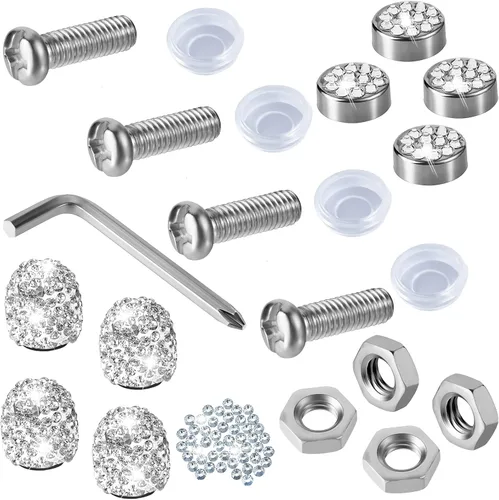 Frienda 14 Piezas de Tornillos para Marco de Placa de Matrícula, Tapones de Bolas de Diamantes de Imitación Brillantes, Tuercas de Seguridad para