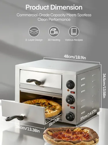 Vista 5 de Horno de pizza comercial de 12 pulgadas, hornos de pizza de encimera con temperatura máxima de 662 °F, olla eléctrica de pizza de 2 capas