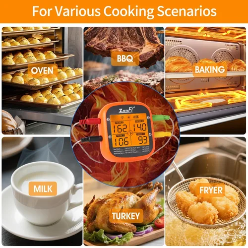 Vista 6 de Termómetro digital inalámbrico para carne, termómetro de alimentos de lectura instantánea con pantalla LCD y 4 sondas de acero inoxidable