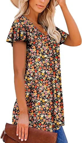 Vista 3 de ROSELINLIN Blusa de verano de manga corta con volantes y cuello en V para mujer