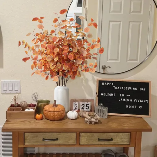 Vista 2 de Sggvecsy 6 tallos artificiales de eucalipto de otoño, hojas de eucalipto de otoño, ramas de hojas de otoño, eucalipto de seda falsa, decoraciones