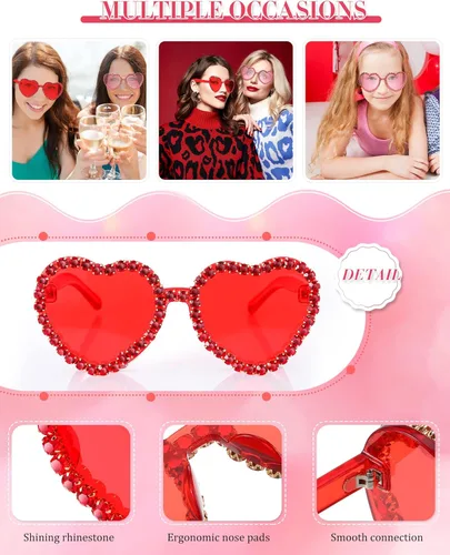 Vista 5 de TOODOO 2 pares de lentes de sol con forma de corazón para el día de San Valentín sin montura y diamantes de imitación para mujer lentes