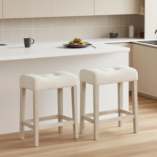 Vista 21 de ERGOMASTER Taburetes de bar, 29 pulgadas, modernos taburetes de sillín, madera de caucho, gris claro/marrón, juego de 2