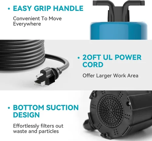 Vista 4 de Bomba de sumidero sumergible de 1/2 HP de 1080 GPH Bomba de agua sumergible con interruptor de flotador, bombas de utilidad para drenaje