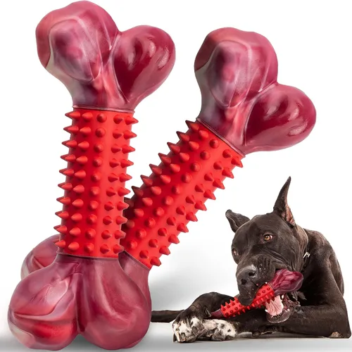 Vista 10 de Apasiri Juguetes resistentes para perros masticadores agresivos de raza grande, hueso para masticar con sabor a tocino, juguete masticable de nailon