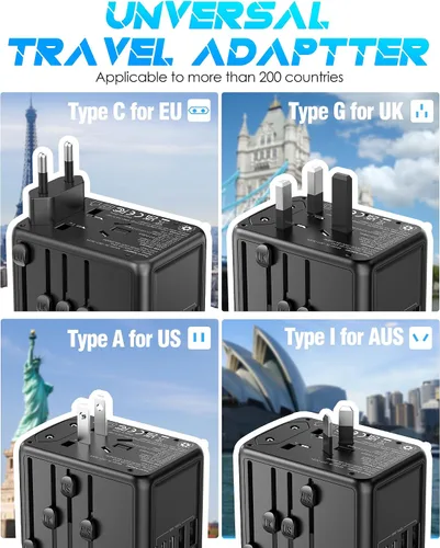 Vista 5 de Adaptador universal de viaje, carga rápida PD de 35 W, 5 puertos USB C/A 2500W AC Outlet, International Power Adapter for Europe UK US AU 200+