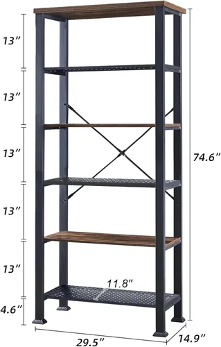 Vista 10 de HOMBAZAAR Estantería de 3 niveles, estantería industrial marrón rústico, estantería profunda de madera y metal, estantería baja para sala de estar
