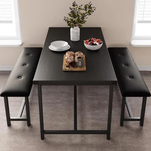 Vista 5 de IDEALHOUSE Juego de mesa de comedor para 4, mesa de cocina con banco tapizado, juego de mesa de comedor rectangular de 3 piezas con 2 bancos