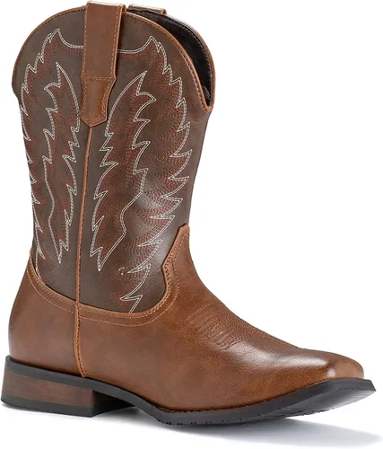 Vista 2 de IUV Botas vaqueras para hombre, botas occidentales, duraderas, clásicas, bordadas, punta cuadrada, botas tradicionales