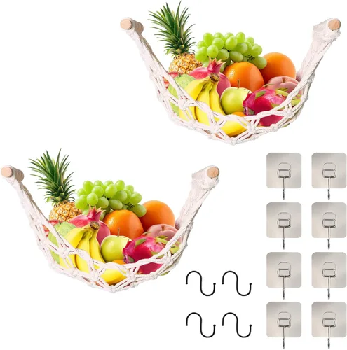 1 hamaca colgante de frutas con ganchos, cesta de plátano tejida debajo del gabinete