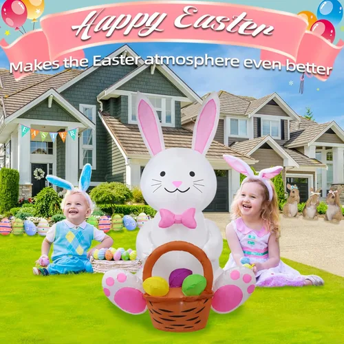 Vista 7 de Conejo de 5 pies con una cesta de flores, decoración inflable de Pascua para patio, conejo de Pascua inflable con cesta iluminada, decoración al