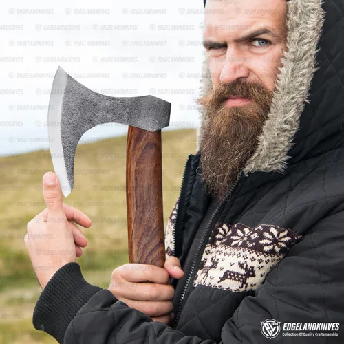 Vista 3 de Hacha vikinga barbuda con vaina, 16 pulgadas, cabeza de damasco resistente con mango de madera rosa duradera para hombres (EL20)