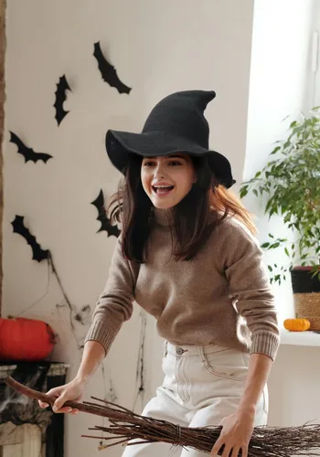 Vista 5 de DAZCOS Sombrero de bruja de punto multicolor transpirable de ala ancha plegable para mujer, disfraz de Navidad