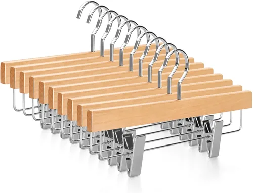 Vista 10 de TOPIA HANGER Perchas de madera negra para pantalones, perchas de falda de madera con clips, percha de lujo para jeans con gancho plano anti-óxido