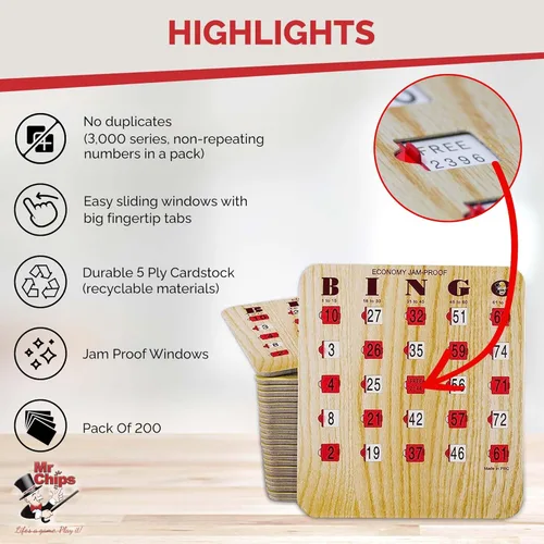 Vista 4 de MR CHIPS Tarjetas de bingo a prueba de atascos con ventanas deslizantes, paquete de 200 tarjetas más baraja de llamadas