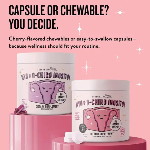 Vista 6 de Comprimidos masticables de inositol puro Legendairy Milk - Suplemento de mio-inositol y D-chiro para equilibrio hormonal y apoyo a la fertilidad
