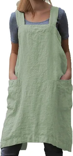 Vista 10 de TBA Delantal de lino de algodón, delantal con espalda cruzada para mujer con bolsillos grandes, vestido tipo delantal cuadrado para hornear