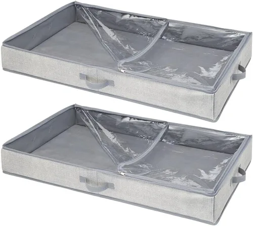Vista 9 de mDesign Bolsa organizadora de tela suave debajo de la cama para ropa, accesorios, lino, panel superior de fácil visión, tapa con cremallera de 2