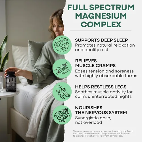 Vista 3 de Wild Foods Suplemento Complejo de Magnesio con 7 Formas, 90 Cápsulas Alta Absorción, Espectro Completo, Fácil Digestión 500mg Glicinato