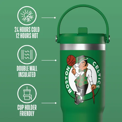 Vista 4 de Hydrapeak x Vaso de acero inoxidable con licencia oficial de la NBA de Boston Celtics de 32 onzas con asa y tapa con popote, botella de agua a