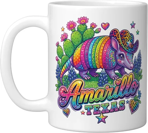 Vista 9 de Amarillo Texas Rainbow Armadillo Cowboy 80s Retro Souvenir Ceramic Mug, Black/White
