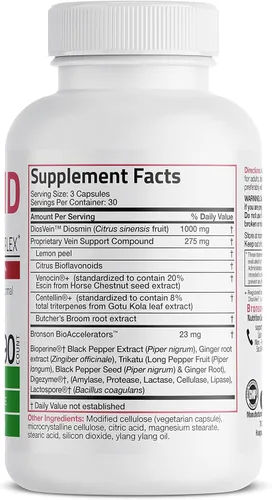 Vista 2 de Bronson VeinAid Diosmin 1000mg DiosVein Complejo de venas varicosas con venocina y centelina, 90 cápsulas vegetarianas